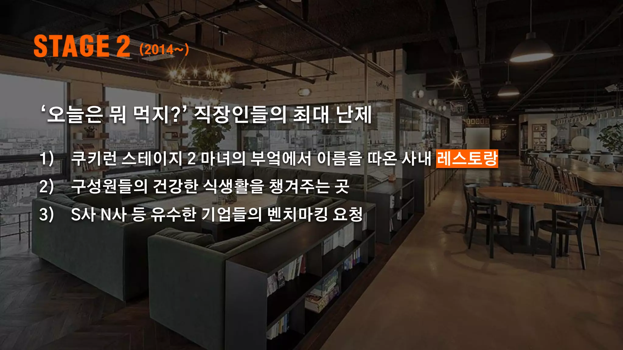 (2014~)
1) 쿠키런 스테이지 2 마녀의 부엌에서 이름을 따온 사내 레스토랑
2) 구성원들의 건강한 식생활을 챙겨주는 곳
3) S사 N사 등 유수한 기업들의 벤치마킹 요청
‘오늘은 뭐 먹지?’ 직장인들의 최대 난제
 