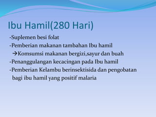 Ibu Hamil(280 Hari)
-Suplemen besi folat
-Pemberian makanan tambahan Ibu hamil
Komsumsi makanan bergizi,sayur dan buah
-Penanggulangan kecacingan pada Ibu hamil
-Pemberian Kelambu berinsektisida dan pengobatan
bagi ibu hamil yang positif malaria
 