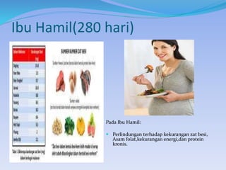Ibu Hamil(280 hari)
Pada Ibu Hamil:
 Perlindungan terhadap kekurangan zat besi,
Asam folat,kekurangan energi,dan protein
kronis.
 