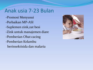 Anak usia 7-23 Bulan
-Promosi Menyusui
-Perbaikan MP-ASI
-Suplemen zink,zat besi
-Zink untuk manajemen diare
-Pemberian Obat cacing
-Pemberian Kelambu
berinsektisida dan malaria
 