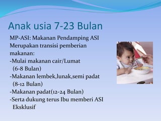 Anak usia 7-23 Bulan
MP-ASI: Makanan Pendamping ASI
Merupakan transisi pemberian
makanan:
-Mulai makanan cair/Lumat
(6-8 Bulan)
-Makanan lembek,lunak,semi padat
(8-12 Bulan)
-Makanan padat(12-24 Bulan)
-Serta dukung terus Ibu memberi ASI
Eksklusif
 