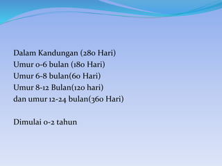 Dalam Kandungan (280 Hari)
Umur 0-6 bulan (180 Hari)
Umur 6-8 bulan(60 Hari)
Umur 8-12 Bulan(120 hari)
dan umur 12-24 bulan(360 Hari)
Dimulai 0-2 tahun
 