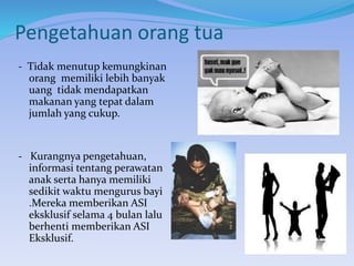- Tidak menutup kemungkinan
orang memiliki lebih banyak
uang tidak mendapatkan
makanan yang tepat dalam
jumlah yang cukup.
- Kurangnya pengetahuan,
informasi tentang perawatan
anak serta hanya memiliki
sedikit waktu mengurus bayi
.Mereka memberikan ASI
eksklusif selama 4 bulan lalu
berhenti memberikan ASI
Eksklusif.
Pengetahuan orang tua
 