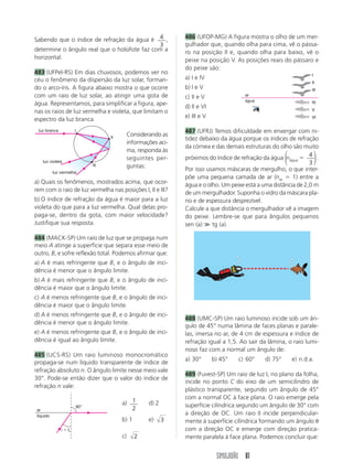 SIMULADÃO 73 
Processo 2 – 3: resfriamento à volume constante 
até 250 K. 
Processo 3 – 4: resfriamento à pressão constante 
até 150 K. 
Processo 4 – 1: aquecimento à volume constante 
até 300 K. 
Ilustre os processos em um diagrama pressão-volu-me 
e determine o trabalho executado pelo gás, em 
joules, durante o ciclo descrito acima. Determine, ain-da, 
o calor líquido produzido ao longo desse ciclo. 
(Dado: 1 atm  105 Pa) 
433 (UFBA) Uma certa quantidade de gás ideal rea-liza 
o ciclo ABCDA, representado na figura: 
a) Remove uma quantidade de calor Q1 de uma fonte 
térmica quente à temperatura T1, realiza um traba-lho 
externo W e rejeita uma quantidade de calor Q2 
para uma fonte térmica fria à temperatura T2, com 
T1  T2. 
b) Remove uma quantidade de calor Q1 de uma fonte 
térmica quente à temperatura T1 e rejeita a quanti-dade 
de calor Q1 para uma fonte térmica fria à tem-peratura 
T2, com T1  T2. 
c) Remove uma quantidade de calor Q1 de uma fonte 
térmica fria à temperatura T1, recebe o trabalho exter-no 
W e rejeita uma quantidade de calor Q2 para uma 
fonte térmica quente à temperatura T2, com T1 
 T2. 
d) Remove uma quantidade de calor Q1 de uma fonte 
térmica fria à temperatura T1 e rejeita a quantidade 
de calor Q1 para uma fonte térmica quente à tem-peratura 
T2, com T1 
 T2. 
436 (PUCC-SP) A turbina de um avião tem rendi-mento 
de 80% do rendimento de uma máquina ideal 
de Carnot operando às mesmas temperaturas. 
Em vôo de cruzeiro, a turbina retira calor da fonte 
quente a 127 °C e ejeta gases para a atmosfera que 
está a 33 °C. 
O rendimento dessa turbina é de: 
a) 80% b) 64% c) 50% d) 40% e) 32% 
437 (UEL-PR) O processo cíclico na máquina de Carnot, 
que é uma máquina térmica teórica de rendimento 
máximo, é constituído de duas transformações: 
a) isotérmicas e duas adiabáticas 
b) isotérmicas e duas isobáricas 
c) isotérmicas e duas isométricas 
d) isobáricas e duas adiabáticas 
e) isobáricas e duas isométricas 
438 (UEL-PR) Uma máquina térmica de Carnot é 
operada entre duas fontes de calor a temperaturas 
de 400 K e 300 K. Se, em cada ciclo, o motor recebe 
1 200 calorias da fonte quente, o calor rejeitado por 
ciclo à fonte fria, em calorias, vale: 
a) 300 b) 450 c) 600 d) 750 e) 900 
439 (UEL-PR) Uma determinada máquina térmica 
deve operar em ciclo entre as temperaturas de 27 °C 
e 227 °C. Em cada ciclo ela recebe 1 000 cal da fon-te 
quente. O máximo de trabalho que a máquina 
pode fornecer por ciclo ao exterior, em calorias, vale: 
a) 1 000 c) 500 e) 200 
b) 600 d) 400 
P (102 N/m2) 
V (m3) 
4 
2 
0 
A B 
D C 
0,2 1,2 
Nessas condições, pode-se concluir: 
(01) No percurso AB, o trabalho realizado pelo gás 
é igual a 4  102 J. 
(02) No percurso BC, o trabalho realizado é nulo. 
(04) No percurso CD, ocorre aumento da energia 
interna. 
(08) Ao completar cada ciclo, há conversão de calor 
em trabalho. 
(16) Utilizando-se esse ciclo em uma máquina, de 
modo que o gás realize quatro ciclos por se-gundo, 
a potência dessa máquina será igual a 
8  102 W. 
Dê como resposta a soma dos números que prece-dem 
as afirmativas corretas. 
434 (Unimep-SP) Uma máquina térmica, operando 
em ciclos, executa 10 ciclos por segundo. Em cada 
ciclo retira 800 J da fonte quente e cede 400 J para 
a fonte fria. 
Sabe-se que a máquina opera com a fonte fria a 
27 °C. Com esses dados, afirma-se que o rendimen-to 
da máquina e a temperatura da fonte quente va-lem, 
respectivamente: 
a) 60%, 500 K d) 30%, 327 K 
b) 50%, 600 K e) 20%, 327 K 
c) 40%, 700 K 
435 (UFJF-MG) Assinale a alternativa que explica, 
com base na termodinâmica, um ciclo do funciona-mento 
de um refrigerador: 
 
