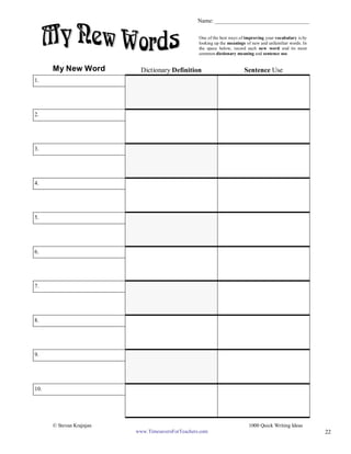 My New Word Dictionary Definition Sentence Use
1.
2.
3.
4.
5.
6.
7.
8.
9.
10.
One of the best ways of improving your vocabulary is by
looking up the meanings of new and unfamiliar words. In
the space below, record each new word and its most
common dictionary meaning and sentence use.
Name: _________________________________
22
© Stevan Krajnjan 1000 Quick Writing Ideas
www.TimesaversForTeachers.com
 