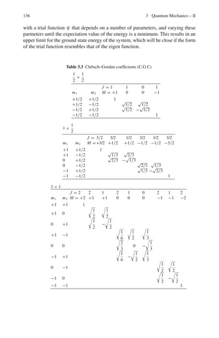 122 2 Quantum Mechanics – I
μ = m1/2 = 0.5 mp
N0/N1 = (1/3) exp

2
/μr2
kT

= (1/3) exp

2
c2
/μc2
r2
kT

=
1
3
exp
 
197.3 × 10−15
2
0.5 × 938 ×

1.06 × 10−10
2
×

1.38 × 10−23/1.6 × 10−13

× 300
'
= 0.445
2.62 ω =
0
k
μ
μ =
mNm0
mN + m0
= 7.466 amu
ω =

1550
7.466 × 1.67 × 10−27
1/2
= 3.526 × 1014
s−1
E = ω =
1.055 × 10−34
× 3.526 × 1014
1.6 × 10−19
= 0.2325
λ =
1,241
0.2325
nm = 5,337 nm = 5.34 μm
This wavelength corresponds to Infrared region.
2.63 (i) λ =
c
ν
=
3 × 108
1.153 × 1011
= 2.6 × 10−3
m = 2.6 mm
It lies in the microwave part of electromagnetic spectrum.
(ii) E(eV ) =
1241
λ(nm)
=
1241
2.6 × 106(nm)
= 0.000477 eV
(iii) μ =
mcm0
mc + m0
=
12 × 16
12 + 16
= 6.857 u
(iv) E1 =
1(1 + 1)2
2μr2
=
2
μr2
E0 = 0
ΔE = E1 − E0 =
2
μr2
r =

2
c2
μc2ΔE
1/2
=

197.32
(MeV − fm)2
6.857 × 931.5 × 477 × 10−12
1/2
= 0.113 × 10−9
m
= 1.13 Å
2.64 EJ =
J(J + 1)2
2Io
Io = μr2
=

Mp
2

r2
 