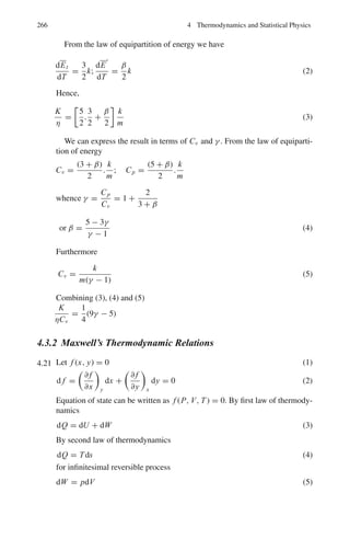 3.3 Solutions 215
3.3.6 Angular Momentum
3.77 L =
%
%
%
%
%
%
i j k
x y z
px py pz
%
%
%
%
%
%
= i(ypz − zpy) − j(xpz − zpx ) + k(xpy − ypx )
= i Lx + j Ly + kLz
Thus, Lx = ypz − zpy, Ly = zpx − xpz, Lz = xpy − ypx (1)
[Lx , Ly] = Lx Ly − Ly Lx
= (ypz − zpy)(zpx − xpz) − (zpx − xpz)(ypz − zpy)
= ypz zpx − ypz xpz − zpyzpx + zpy xpz − zpx ypz + zpx zpy
+ xpz ypz − xpzzpy (2)
But [px , py] = [x, py] = 0, etc (3)
(2) becomes
[Lx , Ly] = ypx pzz − yxp2
z − z2
py px + xpyzpy − ypx zpz + z2
px py
+ yxp2
z − xpy pz z = [z, pz](xpy − ypz) (4)
But [z, pz] = [z, −i
∂
∂z
] = −i

z,
∂
∂z

(5)
Further,

z,
∂
∂z

= −1 (6)
So
[z, pz ] = i (7)
Combining (1), (4) and (7) we get
[Lx , Ly] = iLz (8)
3.78 Given spin state is a singlet state, that is S = 0
S1 + S2 = S
Form scalar product by itself
S1 · S1 + S1 · S2 + S2 · S1 + S2 · S2 = S · S
S1
2
+ 2 S1 · S2 + S2
2
= S2
= 0
Now, S1
2
= S2
2
= (1/2)(1/2 + 1) = 3/4
Therefore S1 · S2 = −(3/4) 2
3.79 For the n – p system
Sp + Sn = S
and Sp
2
= Sn
2
= s(s + 1) with s = 1/2
(i) For singlet state, S = 0
 