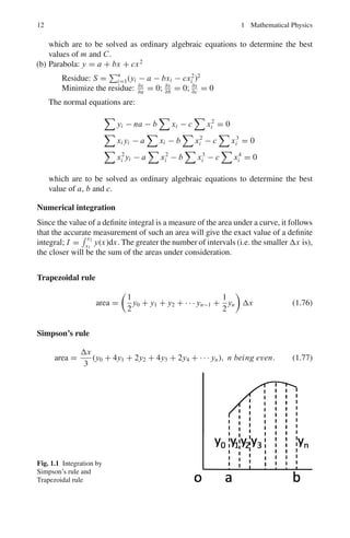 10 1 Mathematical Physics
Poisson distribution
The probability that x events occur in unit time when the mean rate of occurrence
is m, is given by the Poisson distribution P(x).
P(x) =
e−m
mx
x!
(x = 0, 1, 2, . . .) (1.64)
The distribution P(x) is normalized, that is
∞
x=0
p(x) = 1 (1.65)
This is also a discrete distribution.
When N P is held fixed, the binomial distribution tends to Poisson distribution
as N is increased to infinity.
The expectation value, i.e.
 