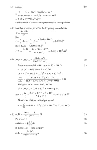 226 3 Quantum Mechanics – II
Exchange of x → −x, y → −y, z → −z implies θ → π − θ and
ϕ → π + ϕ, so that
P1
m
(cos θ) → (−1)l+m
and eimϕ
→ (−1)m
eimϕ
, Thus Pρ = (−1)2m
(−1)l
= (−1)l
ρ
where m is an integer. Thus ρ is symmetrical for even l and antisymmetrical
for odd l.
First consider zero nuclear spin. The total wave function ψ is antisymmet-
rical for odd l and symmetrical for even l. As the nuclei must obey either
Fermi or Bose statistics, either only the l = odd states must exist or only the
l = even states must exist. It turns out that for nuclei with zero spin only the
even rotational states exist and odd rotational states are missing.
Next consider the case of non-zero spin. A nucleus of total angular momen-
tum I can have a component M in any prescribed direction taking 2I+1 values
in all (I, I − 1, . . . − I), that is 2I + 1 states exist. For the two identical nuclei
(2I + 1)2
wave functions of the form ψM1(A)ψM2(B) can be constructed. If
the two nuclei are identical, these simple products must be replaced by lin-
ear combination of those products which are symmetric or antisymmetric for
interchange of nuclei. If M1 = M2, the products themselves are (2I + 1)
symmetric wave functions, the remaining (2I + 1)2
− (2I + 1) = 2I(2I + 1)
functions with M1 
= M2 have the form ψM1(A)ψM2(B) and ψM2(A)ψM1(B).
Each such pair can be replaced by one symmetric and one antisymmetric
wave function of the form ψM1(A)ψM2(B) ± ψM2(A)ψM1(B). Thus, half of
2I(2I + 1) functions, that is I(2I + 1) are symmetric and an equal num-
ber antisymmetric. Therefore, total number of symmetric wave functions
= (2I + 1) + I(2I + 1) = (2I + 1)(I + 1). Total number of antisymmetric
wave functions = I(2I + 1). Therefore, the ratio of the number of symmetric
and antisymmetric functions is (I + 1)/I.
From the previous discussion it was shown that for the symmetric elec-
tronic wave function of the molecule the interchange of nuclei produces a
factor (−1)l
in the molecular wave function. Thus, for nuclei obeying Bose
statistics symmetric nuclear spin functions must combine with even l. Because
of the statistical weight attached to spin states, the intensity of even rota-
tional lines will be (I + 1)/I as great as that of neighboring odd rotational
lines.
For nuclei obeying Fermi statistics, the spin and rotational states combine
in a manner opposite to the previously described and the odd rotational lines
are more intense in the ratio (I + 1)/I.
Thus, by determining which lines are more intense, even or odd, the nuclear
statistics is determined and by measuring the ratio of intensities of adjacent
lines the nuclear spin is obtained. The reason for comparing the intensity of
neighboring lines is that the intensity of rotational lines varies according to
the occupation number of rotational states governed by the Boltzmann distri-
bution.
 