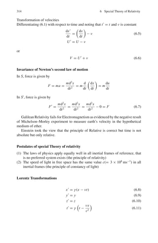 3.3 Solutions 243
and minima are smeared out, just as in the case of optical diffraction from a
diffuse boundary of objects characterized by a slow varying refractive index.
3.117 f (θ) = −(2μ/q2
)
 ∞
0 V (r) sin(qr) r dr
Integrate by parts
 ∞
0
V (r) sin(qr)r dr = V (r)

1
q2
sin qr −
r
q
cos qr
∞
0
−
 ∞
0
dV
dr

1
q2
sin qr −
r
q
cos qr

dr
The first term on the right hand side vanishes at both limits because V (∞) =
0, Therefore:
 ∞
0
V (r) sin(qr)r dr = −
1
q2
 ∞
0
dV
dr
sin qrdr +
1
q
 ∞
0
dV
dr
r cos qrdr
Evaluate the second integral by parts
1
q
 ∞
0
dV
dr
r cos(qr)dr =
1
q

dV
dr

r
q
sin qr +
cos qr
q2
∞
0
−
1
q
 ∞
0

r
q
sin qr +
cos qr
q2

d2
V
dr2
dr
Now the term

1
q2

r
dV
dr

sin qr
%
%∞
0
vanishes at both the limits because it is
expected that (dV/dr)r=∞ = 0.
Integrating by parts again

1
q3
 
cos qr
d2
V
dr2
dr =

1
q3

cos qr
dV
dr
%
%
%
%
∞
0
+

1
q2
  ∞
0

dV
dr

sin qrdr

1
q
  ∞
0

dV
dr

r cos qr dr =

1
q3
 
dV
dr

cos qr
%
%
%
%
∞
0
−

1
q2
  ∞
0

d2
V
dr2

r sin qr dr −

1
q3
 
dV
dr

cos qr
%
%
%
%
∞
0
−

1
q2
  ∞
0

dV
dr

sin qr dr.
The first and third terms on the right hand side get cancelled
 ∞
0
V (r) sin(qr)r dr = −

1
q2
  
d2
V
dr2
+
2
r
dV
dr

sin(qr)r dr.
Now for spherically symmetric potential
∇2
V =
d2
V
dr2
+

2
r

dV
dr
.
Furthermore by Poisson’s equation:
 