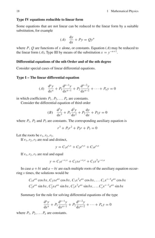 1.1 Basic Concepts and Formulae 15
Equivalence
A and B are said to be equivalent (A ∼ B) if one can be obtained from the other by
a sequence of elementary transformations.
The adjoint of a square matrix
If A = [ai j ] is a square matrix and αi j the cofactor of ai j then
adj A =
⎡
⎢
⎢
⎣
α11 α21 · · · αn1
α12 α22 · · · · · ·
· · · · · · · · · · · ·
· · · · · · · · · αnn
⎤
⎥
⎥
⎦
The cofactor αi j = (−1)i+ j
Mi j
where Mi j is the minor obtained by striking off the ith row and jth column and
computing the determinant from the remaining elements.
Inverse from the adjoint
A−1
=
adj A
|A|
Inverse for orthogonal matrices
A−1
= A	
Inverse of unitary matrices
A−1
= (A)	
Characteristic equation
Let AX = λX (1.84)
be the transformation of the vector X into λX, where λ is a number, then λ is called
the eigen or characteristic value.
From (1.84):
(A − λI)X =
⎡
⎢
⎢
⎢
⎣
a11 − λ a12 · · · a1n
a21 a22 − λ · · · a2n
.
.
. · · · · · · · · ·
an1 · · · · · · ann − λ
⎤
⎥
⎥
⎥
⎦
⎡
⎢
⎢
⎢
⎣
x1
x2
.
.
.
xn
⎤
⎥
⎥
⎥
⎦
= 0 (1.85)
 