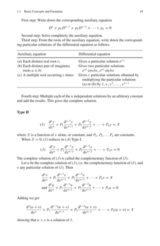 16 1 Mathematical Physics
The system of homogenous equations has non-trivial solutions if
|A − λI| =
⎡
⎢
⎢
⎢
⎣
a11 − λ a12 · · · a1n
a21 a22 − λ · · · a2n
.
.
. · · · · · · · · ·
an1 · · · · · · ann − λ
⎤
⎥
⎥
⎥
⎦
= 0 (1.86)
The expansion of this determinant yields a polynomial φ(λ) = 0 is called the
characteristic equation of A and its roots λ1, λ1, . . . , λn are known as the charac-
teristic roots of A. The vectors associated with the characteristic roots are called
invariant or characteristic vectors.
Diagonalization of a square matrix
If a matrix C is found such that the matrix A is diagonalized to S by the
transformation
S = C−1
AC (1.87)
then S will have the characteristic roots as the diagonal elements.
Ordinary differential equations
The methods of solving typical ordinary differential equations are from the book
“Differential and Integral Calculus” by William A. Granville published by Ginn 
Co., 1911.
An ordinary differential equation involves only one independent variable, while
a partial differential equation involves more than one independent variable.
The order of a differential equation is that of the highest derivative in it.
The degree of a differential equation which is algebraic in the derivatives is the
power of the highest derivative in it when the equation is free from radicals and
fractions.
Differential equations of the first order and of the first degree
Such an equation must be brought into the form Mdx+Ndy = 0, in which M and N
are functions of x and y.
Type I variables separable
When the terms of a differential equation can be so arranged that it takes on the
form
(A) f (x) dx + F(y) dy = 0
where f (x) is a function of x alone and F(y) is a function of y alone, the process is
called separation of variables and the solution is obtained by direct integration.
(B)

f (x) dx +

F(y) dy = C
where C is an arbitrary constant.
 