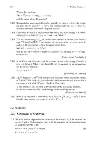 5.3 Solutions 311
5.44 I = I0[exp(eV/kT ) − 1] (1)
1
re
=
dI
dV
=
eI0
kT
exp(eV/kT ) (2)
But exp (eV/kT)  1. Therefore
1
re
=
eI
kT
or re =
kT
eI
=
1.38 × 10−23
× 300
1.6 × 10−19 I
=
25.875 × 10−3
I
If I is in milliamp.
re ≈
26
I
(forward bias) (3)
For the reversed bias we note from (2)
1
re
=
dI
dV
=
e
kT
I0 exp (eV/kT ) = 0
For V ≤ −4kT/e,re → ∞. (reverse bias) (4)
5.45 For a semiconductor in equilibrium the product of n(= Nd) and p(= Na) is
equal to n2
i , the square of the intrinsic concentration.
n × p = n2
i
p =
n2
i
n
=
(1.6 × 1016
)2
8 × 1021
= 3.2 × 1010
m−3
5.3.5 Superconductor
5.46 λ =
1241
E(eV)
nm =
1, 241
2.73 × 10−3
= 4.546 × 105
nm
5.47 Eg =
1241
λ(nm)
=
1, 241
1.08 × 106
= 1.15 × 10−3
eV
5.48 f =
2eV
h
=
2(1.602 × 10−19
)(1.5 × 10−6
)
6.626 × 10−34
= 7.253×108
Hz = 0.7253 GHz
5.49 Eg = 3.53kTc = (3.53)
(1.38 × 10−23
)
1.6 × 10−19
(3.4) = 1.035 × 10−3
eV
5.50 Tc(B) = Tc

1 −
B
Bc
1/2
2.0 = 7.19

1 −
0.074
Bc
1/2
Solving for Bc, we get Bc = 0.079 T .
 