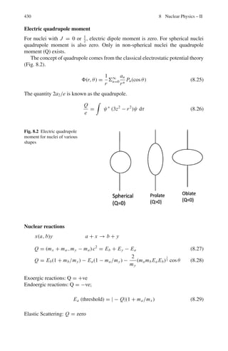 6.3 Solutions 347
Fig. 6.7 Symmetrical elastic
collision between identical
particles
6.61 (γ − 1)mc2
= mc2
γ = 2
β = (1 − 1/γ 2
)1/2
=
√
3/2
pe = mγβc
cpe = mc2
γβ = mc2
× 2 ×
√
3/2 = mc2
×
√
3 MeV
pγ = pe =
√
3E0 MeV/c
6.62 For the three particles the energies (total) are equal.
E1 = E2 = E3 (3)
(masses are neglected)
The magnitude of momenta are also equal
p1 = p2 = p3
The momenta represented by the three vectors AC, CB and BA form the closed
Δ ABC.
180◦
− θ = 60◦
Therefore, θ = 120◦
Thus the paths of any two leptons are equally inclined to 120◦
Fig. 6.8 Decay of a muon at
rest into three leptons whose
masses are neglected
6.63 By Problem 6.53, T = 2mc2
β2
cos2
θ/[1 − β2
cos2
θ] (1)
T = 109
eV = 1, 000 MeV
γ = 1 + T/M = 1 + 1, 000/940 = 2.0638
β = [1 − (1/γ 2
)]1/2
= [1 − (1/2.0638)2
]1/2
= 0.875
Using mc2
= 0.511 MeV, β = 0.875 and θ = 3◦
in (1),
We find T = 3.3 MeV
 