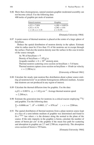 6.3 Solutions 363
6.107 (a), (b) In the CMS, m2 will move with the velocity βc in a direction opposite
to that of m1. By definition, the total momentum in the CMS before and after
the collision is zero. In natural units c = 1.
m1 γ ∗
β∗
= m2 γc βc (1)
Squaring (1) and expressing the velocities in terms of Lorentz factors
m1
2
(γ ∗2
− 1) = m2
2
(γc
2
− 1) (2)
Using the invariance
(ΣE)2
− |ΣP|2
= (ΣE∗
)2
− |ΣP∗
|2
= (ΣE∗
)2
(3)
(because

P∗
= 0, in the CMS)
(m1 γ + m2)2
− m1
2
(γ 2
− 1) = (m1 γ ∗
+ m2 γc)2
(4)
Combining (2) and (4) and calling v = m2/m1
γc = (γ + ν)/(1 + 2γ ν + ν2
)1/2
(5)
γ ∗
= (γ + 1/ν)/(1 + 2γ/ν + 1/ν2
)1/2
(6)
For the special case, m1 = m2, as in the P–P collision
γc = γ ∗
= [(γ + 1)/2]1/2
(7)
In addition if γ  1
γc ≈ (γ/2)1/2
(8)
(c), (d)
The Lorentz transformations are
P cos θ = γc(p∗
cos θ∗
+ E∗
) (9)
P sin θ = p∗
sin θ∗
(10)
Dividing (10) by (9)
tan θ = p∗
sin θ∗
/γc(p∗
cos θ∗
+ βc E∗
) = sin θ∗
/γc(cos θ∗
+ βc/β∗
) (11)
(because p∗
/E∗
= β∗
)
From the inverse transformation
P∗
cos θ∗
= γc(P cos θ − βc E) (12)
and (10) we get
tan θ∗
= sin θ/γc(cos θ − βc/β) (13)
6.108 At the right angle to the direction of source velocity the Doppler shift in
wavelength is calculated from
ν	
= γ ν or λ	
= λ/γ
where γ is the Lorentz factor of the carbon atoms and T is the kinetic energy
of carbon and Mc2
is the approximate rest mass energy, the quantity
 