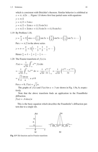 38 1 Mathematical Physics
A unit vector normal to the surface is obtained by dividing the above
vector by its magnitude. Hence the unit vector is
−î + ĵ + k̂
[(−1)2 + 12 + 12]1/2
= −
î
√
3
+
ĵ
√
3
+
k̂
√
3
(b) ∇Φ =

î
∂
∂x
+ ĵ
∂
∂y
+ k̂
∂
∂z

(x2
yz + 2xz2
)
= (2xyz + 2z2
)î + x2
z ĵ + 4xzk̂
= − ĵ − 4k̂ at (1, 1, −1)
The unit vector in the direction of 2î − 2 ĵ + k̂, is
n̂ =
2î − 2 ĵ + k̂
[22 + (−2)2 + 12]1/2
= 2î/3 − 2 ĵ/3 + k̂/3
The required directional derivative is
∇Φ.n = (− ĵ − 4k̂).

2î
3
−
2 ĵ
3
+
2k̂
3
#
=
2
3
−
4
3
= −
2
3
Since this is negative, it decreases in this direction.
1.15 The inverse square force can be written as
f α
r
r3
∇. f = ∇.r−3
r = r−3
∇. r + r .∇r−3
But ∇. r =

î
∂
∂x
+ ĵ
∂
∂y
+ k̂
∂
∂z

· (îx + ĵ y + k̂z)
=
∂x
∂x
+
∂y
∂y
+
∂z
∂z
= 3
Now ∇rn
= nrn−2
r
so that ∇r−3
= −3r−5
r
∴ ∇. (r−3
r) = 3r−3
− 3r−5
r . r = 3r−3
− r−3
= 0
Thus, the divergence of an inverse square force is zero.
1.16 The angle between the surfaces at the point is the angle between the normal to
the surfaces at the point.
The normal to x2
+ y2
+ z2
= 1 at (1, +1, −1) is
∇Φ1 = ∇(x2
+ y2
+ z2
) = 2xî + 2y ĵ + 2zk̂ = 2î + 2 ĵ − 2k̂
The normal to z = x2
+ y2
− 1 or x2
+ y2
− z = 1 at (1, 1, −1) is
∇Φ2 = ∇(x2
+ y2
− z) = 2xî + 2y ĵ − k̂ = 2î + 2 ĵ − k̂
(∇Φ1).(∇Φ2) = |∇Φ1||∇Φ2| cos θ
where θ is the required angle.
(2î + 2 ĵ − 2k̂).(2î + 2 ĵ − k̂) = (12)1/2
(9)1/2
cos θ
∴ cos θ =
10
6
√
3
= 0.9623
θ = 15.780
 