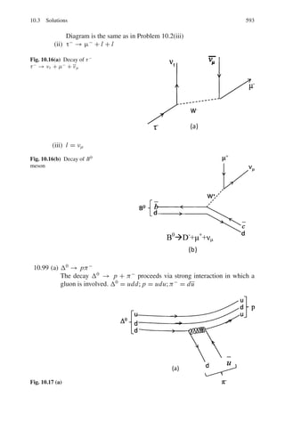 504 9 Particle Physics – I
9.4 In natural units τ = 2/mα5
. Introduce the factors  and c
Let τ = 2x
cy
/m α5
Find the dimensions: [] = [Energy × Time], [c] = [velocity]
[τ] = [1/m][ML2
T−1
]x
[LT−1
]y
[T] = [M]x−1
[L]2x+y
[T]−x−y
Equating the coefficients on both sides of the equation,
−x − y = 1, 2x + y = 0, x − 1 = 0
we get x = 1, y = −2
Therefore τ = 2c−2
/mα5
= 2 /mc2
α5
τ = 2 × (0.659 × 10−21
MeV-s) × (137)5
/0.511 MeV
= 1.245 × 10−10
s
9.5 Γμ = GF
2
mμ
5
/192π3
(1)
Now, the dimensional formula for GF is
[Energy]−2
[ c]3
and [Γμ] = [Energy]
Introduce  and c in (1) and take dimensions on both sides.
Γμ = GF
2
mμ5
x
cy
/192π3
(2)
[M L2
T−2
] = [M L2
T −2
]−4
[M]5
[M L2
T −1
]x+6
[L T−1
]y+6
or [M L2
T −2
] = [M]7+x
[L]10+2x+y
[T ]−4−x−y
Equating powers of M, L and T , we find
x = −6 and y = 4
and (2) becomes
Γμ = GF
2
mμ
5
−6
c4
/192π3
Γμ = /τ = GF
2
(mμc2
)5
/192 (c)6
π3
= (1.116 × 10−5
GeV−2
)2
(105.659 × 10−3
)5
/192π3
τ = 2.39 × 10−6
s
9.3.2 Production
9.6 (a) The relation for lab angle θ and the C.M.S. angle θ∗
is given by
tan θ = sin θ∗
/γc(cos θ∗
+ βc/β∗
) (1)
where βc = vc/c is the CMS velocity and γc is the corresponding Lorentz
factor (see summary of Chap. 6). For photon β∗
= 1 and βc = 1 as the
electron is ultra relativistic. Dropping off the subscript c, (1) becomes
tan θ = sin θ∗
/γ (cos θ∗
+ 1) = tan (θ∗
/2)/γ (2)
(b) Assuming that the photons are emitted isotropically, half of the photons will
be contained in the forward hemisphere in the CMS, that is within θ∗
= 90◦
.
Substituting θ∗
= 90◦
in (2)
tan θ = 1/γ
As the incident electron is ultrarelativistic the photons in the lab would come
off at small angles so that tan θ ≈ θ = 1/γ . Thus half of the photons will be
emitted within a cone of half angle θ ≈ 1/γ .
 
