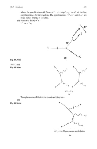 512 9 Particle Physics – I
The integration of the expression
 mμc2
2
0
E2
e

1 − 4Ee/3mμ c2

dEe
gives (mμ c2
)3
/48 so that the full expression for full width is
Γ = GF
2
(mc2
)5
/(c)6
192π3
which is identical with the one stated in Problem 9.5. The mean life time is
obtained from τ = /Γ as in the solution of 9.5.
9.34 (a) The charged pions π±
decay by weak interactions π → μ + ν, and so
their mean lifetime is relatively longer, while the neutral pion π0
decays
via π0
→ 2γ , electromagnetically and therefore their mean life time is
shorter.
(b) The π+
and π−
are particle and antiparticle pair and they are expected to
have the same mass by the CPT theorem. On the other hand Σ+
and Σ−
hyperons are not particle-antiparticle. Actually Σ
−−
is the antiparticle of
Σ+
. Σ+
and Σ−
are the members of the isospin triplet (Σ+
, Σ0
, Σ−
) and
because of difference in their charges can slightly differ in their mass sim-
ilar to the masses of neutron and proton for the isospin doublet of nucleon.
(c) Λ-hyperon decays via Λ → p + π−
or n + π0
, the interaction is weak.
Similarly the hyperon Ξ0
decays via Ξ0
→ Λ + π0
, which is also a weak
decay. In both the cases the lifetimes are relatively long on the nuclear
scale. On the other hand the decay of Σ0
-hyperon via Σ0
→ Λ + γ is
electromagnetic. The explanation is the same as in (a)
9.35 Apply the formula
M2
= mp
2
+ mπ
2
+ 2(Ep Eπ − Pp Pπ cos θ) (1)
Use the values:
mp = 0.939 GeV, mπ = 0.139 GeV, Pp = 0.44 GeV
Pπ = 0.126 GeV, Ep = 1.036 GeV, Eπ = 0.188 GeV, θ = 640
and find
M = 1.114 GeV/c2
. The particle is Λ hyperon
9.3.5 Ionization Chamber, GM Counter and Proportional Counters
9.36 The problem is based on the double source method for the determination of the
dead time of a G.M. counter. Two radioactive sources of comparable strength
are chosen. In all four counts are taken. First, the background rate B per second
is found out when neither source is present. One of the sources is placed in
a suitable position so that a high counting rate N1 is registered. While this
counter is in the same position, the second source is placed by its side to get
the counting rate N12. Finally, the first source is removed so that the second
counter above gives a count of N2. If n1, n2 and n12 are the true counting rates
then we expect
(n1 + B) + (n2 + B) = n12 + B
 