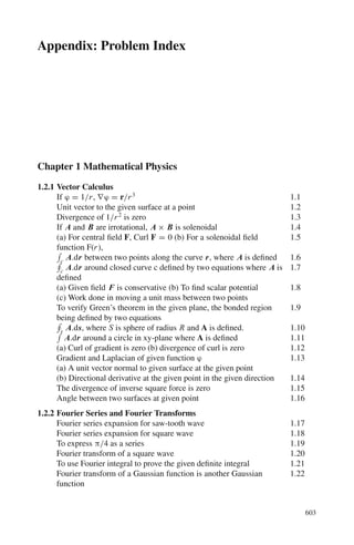 514 9 Particle Physics – I
9.41 Slope =
2%
100 V
=
0.1%
5 V
The voltage should not vary more than ±5 V from the operating voltage of
800 V.
9.42 For the cylindrical geometry of the G.M. tube the electric field is given by
E = V/r ln(b/a)
where V is the applied voltage, r is the distance of a point from the anode, b
and a are the diameters of the cathode and the anode wire.
The field will be maximum close to the anode.
r = 0.1 mm = 10−4
m
Emax = 1, 000/10−4
ln(20/0.2) = 2.17 × 106
V/m
The lifetime of G.M. tube in years is given by dividing total number of
possible counts by counts per year.
t = 109
/(52 × 30 × 60 × 3, 000) = 3.56 years.
In practice, the G.M. tube will not work properly long before the above esti-
mate.
9.43 As the mean free path is inversely proportional to the pressure, the mean free
path at 10 cm pressure will be 2 × 10−4
× (76/10) or 1.52 × 10−3
cm.
At a distance r = mean free path = 1.52 × 10−3
cm. from the anode,
the electric field should be such that the electron acquires sufficient energy to
ionize Argon for which the ionization energy is 15.7 eV. The required value of
E is
E = 15.7/1.52 × 10−3
= 1.03 × 104
V/cm
r = V/E ln(b/a) = 1000/1.03 × 104
ln(20/0.1) = 0.0183 cm = 0.183 mm
9.44 The source gives 3.7 × 107
× 25 = 9.25 × 108
disintegrations/second
G.M. Counting rate of beta rays plus gamma rays
= (2,000/60) − (750/300) = 30.83/s
Therefore, efficiency = 30.83/(9.25 × 108
) = 3.33 × 10−8
Scintillation counter counting rate of beta particles = (9,300/60) − (300/300)
= 154/s
Therefore, efficiency = 154/(9.25 × 108
) = 16.65 × 10−8
For both the counters the efficiency is low because of small solid angle of
acceptance. Both the counters would register beta particles as well as gamma
rays. But the efficiency for counting gamma rays in G.M. counter will be quite
low, being of the order of 1%. This is because gamma rays cause ionization
only indirectly by hitting the walls of the GM counter and ejecting electrons.
The efficiency is relatively higher in the scintillation counter. For this reason,
in the given situation the efficiency for scintillation counter is approximately
five times greater.
9.45 The true counting rate n is related to the observed counting rate n0 by
n = n0/(1 − n0 τ)
 