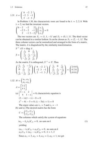 1.3 Solutions 43
Thus the gamma function is an extension of the factorial function to numbers
which are not integers.
1.24 B(m, n) =
 1
0
xm−1
(1 − x)n−1
dx (1)
With the substitution x = sin 2Φ (1) becomes
B(m, n) = 2
 π/2
0
(sin Φ)2m−1
(cos Φ)2n−1
dΦ (2)
Now Γ(n) = 2
 ∞
0 y2n−1
e−y2
dy
Γ (m) = 2
 ∞
0
y2m−1
e−x2
dx
∴ Γ (m)Γ (n) = 4
 ∞
0
 ∞
0
x2m−1
y2n−1
exp −(x2
+ y2
)dxdy (3)
The double integral may be evaluated as a surface integral in the first
quadrant of the xy-plane. Introducing the polar coordinates x = r cos θ and
y = r sin θ, the surface element ds = rdrdθ, (3) becomes
Γ (m)Γ (n) = 4
 π/2
0
 ∞
0
r2m−1
(cos θ)2m−1
(sin θ)2n−1
e−r2
rdrdθ
Γ (m)Γ (n) = 2
 π/2
0
(cos θ)2m−1
(sin θ)2n−1
dθ.2
 ∞
0
r2(m+n)−1
e−r2
dr (4)
In (4), the first integral is identified as B(m, n) and the second one as
Γ (m + n). It follows that
B(m, n) =
Γ (m)Γ (n)
Γ (m + n)
1.25 One form of Beta function is
2
 π/2
0
(cos θ)2m−1
(sin θ)2n−1
dθ = B(m, n) =
Γ (m)Γ (n)
Γ (m + n)
(m  0, n  0)
(1)
Letting 2m − 1 = r, that is m = r+1
2
and 2n − 1 = 0, that is n = 1/2, (1)
becomes
 π/2
0
(cos θ)r
dθ =
1
2
Γ
r+1
2

Γ
1
2

Γ
r
2
+ 1
 (2)
 
