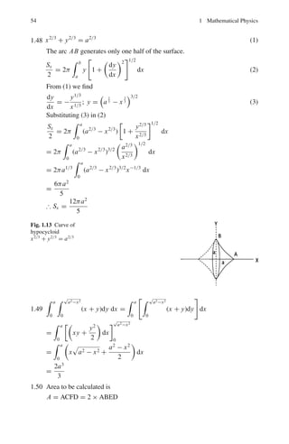 50 1 Mathematical Physics
Differentiating, limn=∞

− 2n
2(n+1)

= ∞
∞
Differentiating again, limn=∞

−2
2

= −1(= L)
%
%
%
%
1
L
%
%
%
% =
%
%
%
%
1
−1
%
%
%
% = 1
The series (A) is
I. Absolutely convergent when |Lx|  1 or |x| 
%
% 1
L
%
% i.e. −
%
% 1
L
%
%  x 
+
%
% 1
L
%
%
II. Divergent when |Lx|  1, or |x| 
%
% 1
L
%
%
III. No test when |Lx| = 1, or |x| =
%
% 1
L
%
%.
By I the series is absolutely convergent when x lies between −1 and +1
By II the series is divergent when x is less than −1 or greater than +1
By III there is no test when x = ±1.
Thus the given series is said to have [−1, 1] as the interval of convergence.
1.36 f (x) = log x; f (1) = 0
f 	
(x) =
1
x
; f 	
(1) = 1
f 		
(x) = −
1
x2
; f 		
(1) = −1
f 			
(x) =
2
x3
; f 			
(1) = 2
Substitute in the Taylor series
f (x) = f (a) +
(x − a)
1!
f 	
(a) +
(x − a)2
2!
f 		
(a) +
(x − a)3
3!
f 			
(a) + · · ·
log x = 0 + (x − 1) −
1
2
(x − 1)2
+
1
3
(x − 1)2
− · · ·
1.37 Use the Maclaurin’s series
f (x) = f (0) +
x
1!
f 	
(0) +
x2
2!
f 		
(0) +
x3
3!
f 			
(0) + · · · (1)
Differentiating first and then placing x = 0, we get
f (x) = cos x, f (0) = 1
f 	
(x) = − sin x f 	
(0) = 0
f 		
(x) = − cos x, f 		
(0) = −1
f 			
(x) = sin x, f 			
(0) = 0
f iv
(x) = cos x, f iv
(0) = 1
etc.
Substituting in (1)
cos x = 1 −
x2
2!
+
x4
4!
−
x6
6!
+ · · ·
The series is convergent with all the values of x.
 