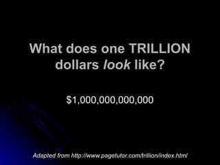What does one TRILLION dollars  look  like? $1,000,000,000,000 Adapted from http://www.pagetutor.com/trillion/index.html 