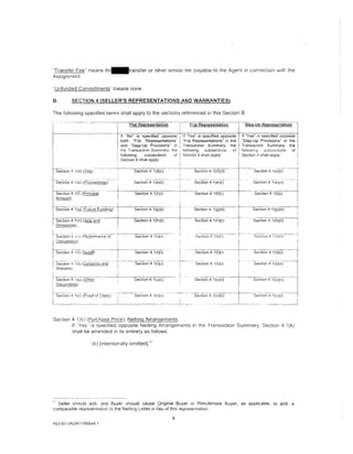 "Transfer Fee" means th~ransfer or other stmtlar fee payable to the Agent in connection with the
Assignment.

"Unfunded Commitments'' means none.

 8.               SECTION 4 (SELLER'S REPRESENTATIONS AND WARRANTIES)

The following specified terms shall apply to the sections referenced in this Section B

i                            -----------~---Flat              Representation---------------Flip Representation                   : --sfeP:uP Represefrtaiion-l
                                                 i                                        '

I
i
                                    following
                                                ·hf "No"
                                              is specified oppositehr~:Yes" is specified opposite



                                                  subsections
                                    Section 4 shall apply:
                                                                 of Section 4 shall apply·
                                                                                                  j
                                                                                                    If "Yes" ;s specified opposite --j
                                  j both ''Flip Representations· 'Flip Representations" in the "Step--Up Provisions" in the
                                  1 and "Step-Up Provisions" in ; Transaction Summary, the
                                                                                          1.


                                                                                                    Transaction Summary. the
                                  I Ihe Transaction SumnBry. the fo!lowmg subsections of fo!!ov·.. !ng sub~cctior.s of ·
                                                                                                    Section 4 shall apply:
                                                                                                                                     i
                                                                                                                                                                           I
                                                                                                                                                                           I

.,

rsect1on :1.1 (d) {IUIQ) ---- ----~----- Section 4.fid)(;)- --------,, --- Section 4.1 (d)(ii) --
                                                                                                  1
                                                                                                    ----S-ection 4- -1 (dJ(Ij- -,l'                                 ---!
rsection4 i(e)           (fo:i9i_e_&_<i.!_~)---- ~         Secllon4"i(e){ij'                       SeCtion4'1(ej(i)'             I           Section41(e)(i1)              I
. Section 4.1 (f) (Princi2!!! ------+
~---------------
                                    j                       Section 4.1 (f)(i)
                                                                                      -----·----- --------- (f)(ii)
                                                                                               Section 4.1
                                                                                                            -----------------+-----------------------j
                                                                                                                        1      Section 4 1(f)(i)
I Amount)                           I                                                                                            I
                                                                                                                                                                           1
                                                                                                                                                                           I
~~Section        4"1[g)([;;iL;reFungin__gf+,-              Section 4 1 (g)(if             t
                                                                                          t
                                                                                                  --Sect1on 4 1 (g)M---r---Sect1on 4
                                                                                                                                 I
                                                                                                                                                         i(g-)(1~- --i
        SectiOn 4' 1{ti)(Acts and----                                   7
                                           --+--·-s=-e-c"'t,-io-n-4:-.1("'h-:-)(::-:-i)___ : - - - Se--ction   4:'1(h)(i) . - ---+_'.        Section 4. 1{h)( ii)
! Omi?.§.LQ£1?.)         ~--                                                              1
                                                                                                                                 I
''
                                                                                                    -----------·~·--- ~--·"
lseciia·n-4Jti) ,F>f;'fo;,;.;~nr:e                                                                  Section 4 1ii)li)            l           Sec:tinn 4 1 ~i)(ii)
I Obhgattons)                                                                                                                                                              I
                                                 1                                                                                       . ______________________ j
h,ection 4-1(1) l~eloff)-          ----- ----~--         --sect-io_n_4 i(l)(;l ·
                                                                     __                                                                                                    I
I                                                                                                                                            Section 4.1 (l)(ii)
        v


I Secii,";~ 4ltii Consents and .-..
' Wa1vers)
                                                r-
                                                 I


                                                 ,
                                                       -··seclior14 -1ii)(;)                        Sect;on 4.1(1)(1)            t
                                                                                                                                 i
                                                                                                                                        ··   ·sechon                   l
                                                                                                                                                       4-1i!)(;0 _______

i                                                                                                    -- ---------- ___________ j _________ - -------- _____ 11
;·section4.1(u)(Other______ ·------;-----------sectiOn 4.1(u)(1) ----
1 Documents)
                                                                                                    Section4.1(u)(i)             !           Section4.1(u)(i')



                   1(v) (f'_rool of CI<Ji(l!)              Sect1on 4 1(v)iiJ
                                                                                   -------------- ---------------- 1(v)(ii) ·-- i-------- . . --------- ___________ _j!
                                                                                                     Sect1on 4
                                                                                                                   ---·----· 1          Sect1on 4 1(v)(i)
                                                                                                                 -· ___________ L_____________ ··-- ______________ j


    Section 4 1(k) (Purchase Price); Netting Arrangements.
            If "Yes is spectfied opposite Netting Arrangements in the Transaction Summary, Section 4.1 (k)
            shall be amended in its entirety as follows:

                               (k) [intentionally omitted]."'




    7
   Seller should add. and Buyer should cause Original Buyer or Penultimate Buyer, as applicable, to add, a
 comparable representation to the Netting Letter in lieu of this representation.

                                                                                     4
 453-0111AGRI1789544 1
 