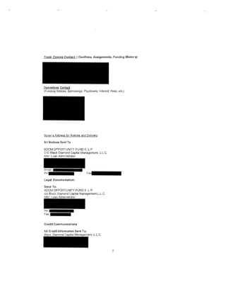 Operations Contact
(Fundmg Notices, 8orrowings, Paydowns, Interest, Fees, etc.)




Buye(s   Addr~ss   for Notices and Delivery:

All Notices Sent To

BDCM OPPORTUNITY FUND II, L.P.
C/0 Black Diarrond Capital Management, L.L.C.
Attn: Loan Administrator




Legal Documentation:

Send To:
BOCM OPPORTUNITY FUND II, LP
c/o Black Diamond Capital Management L.L.C.




Credit Communications

All Credit Information Sent To:
                         Man,.,r1Atr>Rli1,   L. L. C.




                                                        7
 