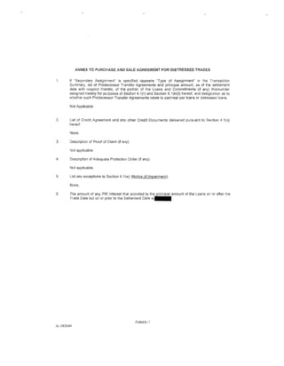 ANNEX TO PURCHASE AND SALE AGREEMENT FOR DISTRESSED TRADES


1.     If "Secondary Assignment" is specified opposite ''Type of Assignment" in the Transaction
       Summary, list of Predecessor Transfer Agreements and principal amount, as of the settlement
       date with respect thereto, of the portion of the Loans and Commitments (if any) thereunder
       assigned hereby for purposes of Section 4.1 (r) and Section 5.1 (k){i) hereof, and designation as to
       whether such Predecessor Transfer Agreements relate to par/near par loans or distressed loans.

        Not Applicable


2.      List of Credit Agreement and any other Credit Documents delivered pursuant to Section 4 i(s)
        hereof.

        None.

3.      Description of Proof of Claim (if any).

        Not applicable.

4.      Description of Adequate Protection Order (if any).

        Not applicable.

5.      List any exceptions to Section 4.1 (w) (Notice of Impairment).

        None.

6.      The amount of any PIK Interest that accreted to thell·?lrlinlcliplallamount of the Loans on or after the
        Trade Date but on or prior to the Settlement Date is•        1




                                                  Annex-!
dc-58508~
 