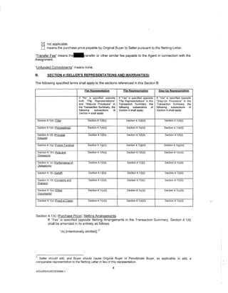 [SJ not applicable.
     0   means the purchase price payable by Original Buyer to Seller pursuant to the Netting Letter.

"Transfer Fee" means         th~ransfer            or other similar fee payable to the Agent in connection with the
Assignment.

"Unfunded Commitments" means none.

B.        SECTION 4 (SELLER'S REPRESENTATIONS AND WARRANTIES)

The following specified terms shall apply to the sections referenced in this Section B:

                                        Flat Re[!resentation            Fll[! ReQresentation          Stee-Ue Reeresentation

                                    If "No" is specified opposite   If "Yes" is specified opposite   If "Yes" is specified opposite
                                    both "Flip Representations"     "Flip Representations" in the    "Step-Up Provisions" in the
                                    and "Step..Up Provisions" in    Transaction· Summary, the        Transaction Summary, the
                                    the Transaction Summary, the    following    subsections    of   following    subsections    of
                                    following    subsections   of   Section 4 shall apply:           Section 4 shall apply:
                                    Section 4 shall apply:

 Section 4.1(d) (Title)                    Section 4.1 (d)(i)             Section 4.1 (d)(ii)              Section 4.1 (d)(i)

 Section 4.1(e) (Proceedings)              Section 4.1 (e)(i)             Section 4.1 (e)(i)               Section 4.1 ( e)(ii)

 Section 4.1(f) (Principal                 Section 4.1 (f}(i)             Section 4.1 (f)(ii)               Section 4.1 (f)(i)
 Amount>

 Section 4.1(g) (Future Funding)           Section 4.1 (g)(i)             Section 4.1(g)(ii)               Section 4.1 (g)(iii)

 Section 4.1(h) (Acts and                  Section 4.1 (h)(i)             Section 4.1 (h)(i)               Section 4.1 (h)(ii)
 Omissions)

 Section 4.1 (i) (Performance of           Section 4.1 (i)(i)              Section 4.1 (i)(i)               Section 4.1 (i)(ii)
 Obligations)

 Section 4.1(1) (Setoff)                   Section 4.1(1)(i)               Section 4.1 (l)(i)               Section 4.1 (l)(ii)

 Section 4.1 (t) (Consents and             Section 4.1 (t)(i)              Section 4.1 (t)(i)               Section 4.1 (t)(ii)
 Waivers)

 Section 4.1 (u) (Other                    Section 4.1 (u)(i)              Section 4.1 (u)(i)              Section 4.1 (u)(ii)
 Documents)

 Section 4.1 (v) (Proof of Claim)          Section 4.1 (v)(i)             Section 4.1 (v)(ii)               Section 4.1 (v)(i)




Section 4.1 (k) (Purchase Price); Netting Arrangements.
        If "Yes" is specified opposite Netting Arrangements in the Transaction Summary, Section 4.1 (k)
        shall be amended in its entirety as follows:
                                                      7
                     "(k) [intentionally omitted]."




7
  Seller should add, and Buyer should cause Original Buyer or Penultimate Buyer, as applicable, to add, a
comparable representation to the Netting Letter in lieu of this representation.

                                                                4
453-055/AGR/1939464.1
 
