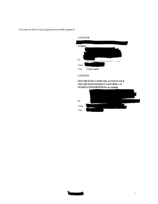 fhe tenns set forth in this Assignment are hereby agreed to:


                                                               ASSIGNOR


                                                               Assignor




                                                               By:



                                                               Title:     Closer/Agent

                                                               ASSIGNEE

                                                               SPECTRUM SPC II FOR THE ACCOUNT OF B
                                                               SPECTRUM INVESTMENT PARTNERS, L.P.
                                                               SEGREGATED PORTFOLIO, as Assignee




                                                               By:

                                                               :-iame:
                                                               Title:




                                                    '             1
 