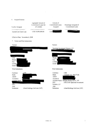 6.    Assigned Interest:

                                   .ggregate Amount of              Amount of
                                   Commitment:Loans for           Commitment/Loans            Percentage Assigned of
facility Assigned                        all Lenders                  Assigned                  Commitment/ Loans


 Second Lien Term Loan                uso 30,000,000.00           USD-


 Effective Date: November 6, 2008

 7.   Notice and Wire Instructions:

 Notices:                                                                'latices:

                                                                         Spectrum Investment Partners, L.P.




 Wire Instructions:                                                      Wire Instructions:

 Currency:            uso                                                Currency:      uso
 Bank:                                                                   Bank:
 ABA#:                                                                   ABA#:
                                                                         Account#:
                                                                         Account Name: Morgan Stanley &      NY
                                                                         FFC:           038-C3181 Spectrum Investment
                                                                         Partners, L.P.
 Attn:                                                                   Attn:
 Reterence:           Allied Holdings 2nd Lien (5/07)                    Reference:     Allied Holdings 2nd Lien (5/07)




                                                          593920 -ilOI
 