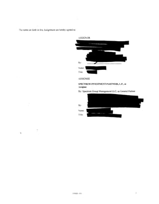 The terms set forth in this Assignment are hereby agreed to:


                                                                ASSIGNOR




                                                                Name:-
                                                                Title:   ._.--


                                                                ASSIGNEE

                                                                SPECTRUM    INVESTME~T    PARTNERS, L.P., as
                                                                Assignee

                                                                By: Spectrum Group Management LLC, as General Partner




                                                                By:

                                                                Name:
                                                                Title:




                                                        5Q3920 .l)f}i
 