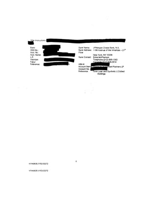 •            Instructions:


     Bank:                       Bank Name:    JP~.ilorgan Chase Bank, N.A.
     ABA No.:                    Bank Address: 1166 Avenue of the Americas- 21"
     Acct. No.:                  Floor
     Acct. Name:                                 New York, NY 10036
     L.P.                        Bank Contact:   Erma McPherson
     Attention:                                  Telephone (212) 899-1393
     Kapur                                                        9-2914
     Reference:                  ABA#:
                                 Account Nam                      ent Partners LP
                                 Account No.:
                                 Reference:       e   lo         ynthe!ic LC/Allied
                                                      Holdings
                                             -




                             4
    NY440635.1/153-03372



    NY440635.1/153-03372
 