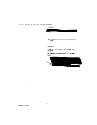 The terms set forth in thts   As~ignment   are nereby agreed to:

                                                           ASSIGNOR




                                                           By:-:-:--------------
                                                            Name:
                                                            Title:


                                                           ASSIGNEE

                                                           SPECTRUM INVESTMENT PARTNERS LP, as
                                                           Assignee

                                                           By: Speclrum Group Management LLC, as General
                                                           Partner




                                                       5
NY&40635.1f153·03372
 