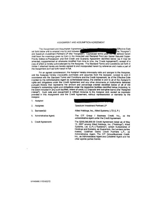 ASSIGNMENT AND ASSUMPTION AGREEMENT


         !his Assignment and Assumption
set forth below and is entered into by and
and Spectr<.Jm Investment Partners LP (the                         terms              defined herein
shall have the meanings given to them in the Amended and Res1ated First lien Senior Secured Super-
Priority Debtor-in-Possession and Exit Credit and Guaranty Agreement identified below (as it may be
amended, supplemented or otherwise modified from time to time, the "Credit Agreemenr), receipt of a
copy of which is hereby acknowledged by the Assignee. The Standard Terms and Conditions set forth in
Annex 1 attached hereto are hereby agreed to and incorporated herein by reference and made a part of
this Assignment as if set forth here1n in full.
         For an agreed consideration. the Assignor hereby irrevocably sells and assigns to the Assignee,
and the Assignee hereby irrevocably purchases and assumes from the Assignor, subject to and in
accordance with the Standard Terms and Conditions and the Credit Agreement. as of the Effective Date
inserted by the Administrative Agent as contemplated below, the interest in and to aH of the Assignor's
rights end obligations under the Credit Agreement and any other documents or instruments delivered
pursuant thereto that represents the amount and percentage interest identified below of all of the
Assignor's outstanding rights and obligations under the respective facilities identified below (including, to
the extent included in any such facilitles,letters of credit, LC Deposits and swingline loans) (the ·Assigned
Interest"). Such sale and assignment Is without recourse to the Assignor and, except as expressly
provtded in this Assignment and the Credit Agreement, without representation or warranty by the
Assignor.
1. Assignor:

2. Assignee:                                    Spectrum Investment Partners LP

3. Borrower(s):                                Allied Holdings, Inc., Allied Systems, L m (L.P.)

4.   Administrative Agent                      The CIT Group I Business Credit, Inc.,               as   the
                                               administrative agent under the Credit Agreement
5.   Credit Agreement:                         The $265,000,000.00 Credit Agreement dated as of May
                                               15, 2007 among Allied Holdings, Inc. ("Holdings"), Allied
                                               Systems, Ltd. (L.P.) {"Systems"), certain Subsidiaries of
                                               Holdings and Systems, as Guarantors, the Lenders parties
                                               thereto, Goldman Sachs Credit Partners L.P., as
                                               Administrative Agent, The CIT Group/Business Credit,
                                               Inc.• as Administrative Agent and Collateral Agent and the
                                               other agents parties thereto




NY440406.11153-03372
 