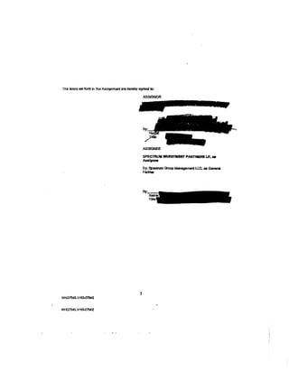 The tenns set tor1t1 in !his Assignment are hereby agreed ID:

                                                       ASSIGNOR




                                                       ASSIGNEE

                                                       SPECTROM INVES1'lU!NT PARTNERS LP, •
                                                       .Aaslgnee

                                                       By: Speclnm Group Manag60'Winl UC, as General
                                                       Partnw




                                                   s
NY437540.111~7942
 