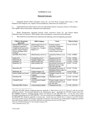 SCHEDULE 4.16

                                               Material Contracts


I.       Agreement between Allied Automotive Group, Inc. and Ford Motor Company dated April 3, 1992,
assigned to UPS Autogistics, Inc., together with all amendments, restatements and modifications.

2.       Agreement between Allied Systems, Ltd. (L.P.) and Daimler Chrysler Corporation dated as of December 1,
1999, together with all amendments, restatements and modifications.


3.      Master Transportation Agreement between Allied Automotive Group, Inc. and General Motors
Corporation, dated as of January 2, 2004, together with all amendments, restatements and modifications.
4.         The Credit Parties listed below have entered into the following collective bargaining agreements:


       Collective Bargaining             Allied Company                        Union                  Effective Dates
             Agreement.
    National Master Automobile      Allied Systems, Ltd. (L.P.);   Teamsters National               6/1/03-5/31/08
    Transporters Agreement;         F.J. Boutell Driveaway         Automobile Transporters
    4 Supplemental Agreements       Company, Inc.; Transport       Industry Negotiating
    (Eastern, Central-Southern,     Support, Inc. 3                Committee ("TNATINC")-
    Western, Michigan Office                                       various Teamster locals
    Workers) 2
    Janesville, WI (2 CBAs)         Allied Systems, Ltd. (L.P.)    United Auto Workers Local        7/1/02-6/30/06
                                                                   95
    Renton, WA                      Terminal Service Co. 4         Teamsters Local 763              511/02- 4/30/06
    Union City, IN                  Transport Support, Inc.        Teamsters Local 135              6/1/03 - 5/31/08
    Anchorage, AL                   Allied Systems, Ltd.           Teamsters Local 959              1111/03 - 5/31/08
    Henderson, CO                   Allied Systems, Ltd.           International Association of     611/03-5/31/08
                                                                   Machiirists District Lodge
                                                                   86/Local Lodge 606
    Marysville, OH                  Allied Systems, Ltd.           International Association of     6/1/05-5/31/08
                                                                   Machinists District LodEe 54
    Mishawaka, IN                   Transport Support, Inc.        Teamsters Local 364              6/1/03-5/31108
    Eastern Canada Car Carriers     Allied Systems (Canada)        Teamsters Locals 938, 880,       11/1/02- 10/31/05
                                    Company                        106,69
    Vancouver, BC                   Allied Systems (Canada)        Teamsters Local 214              1/1/03- 12/31/06
                                    Company
    Canadian Prairies               Allied Systems (Canada)        Western Canada Counsel of        4/1/01-12/31/05
                                    Company                        Teamsters (Teamster Locals
                                                                   362, 395, 979)
    Edmonton Office Workers         Allied Systems (Canada)        Teamsters Local 362              111/03-12/31105


2
  The final 2003-2008 collective bargaining agreement, applicable to Allied Systems, Ltd. (L.P.) ("Systems") only, has not been
published or printed. 1be documents delivered to the ;dministrative Agent -- specifically, the 1999-2003 version of the CBA,
plus highlights documents containing language editions and deletions for the 2003-2008 CB, -- are the best, most current
documents summarizing the new 2003-2008 CBA. One item missing from the highlights documents is an express provision that
the 2003-2008 CR· should be applicable to Systems only. Systems does not concede that it is subject to any CR between
TNATINC and the NATLD (the National Automobile Transporters Labor Division, the multi-employer bargaining association
from which Systems withdrew in early 2002, well before the negotiations for this new CB,-. began).
3
  Now, F.J. Boutell Driveaway LLC and Transport Support, LLC.
4
  Now, Terminal Services, LLC.


1775223_8.DOC
 