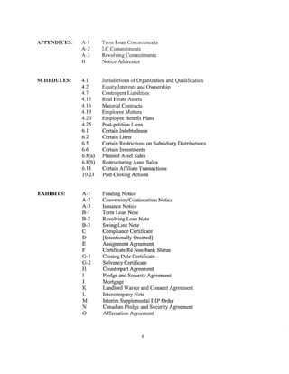 APPENDICES:   A-1      Term Loan Commitments
              A-2      LC Commitments
              A-3      Revolving Commitments
              8        Notice Addresses


SCHEDULES:    4.1      Jurisdictions of Organization and Qualification
              4.2      Equity Interests and Ownership
              4.7      Contingent Liabilities
              4.13     Real Estate Assets
              4.16     Material Contracts
              4.19     Employee Matters
              4.20     Employee Benefit Plans
              4.25     Post-petition Liens
              6.1      Certain Indebtedness
              6.2      Certain Liens
              6.5      Certain Restrictions on Subsidiary Distributions
              6.6      Certain Investments
              6.8(a)   Planned Asset Sales
              6.8(b)   Restructuring Asset Sales
              6.11     Certain Affiliate Transactions
              10.23    Post-Closing Actions


EXHIBITS:     A-1      Funding Notice
              A-2      Conversion/Continuation Notice
              A-3      Issuance Notice
              B-1      Term Loan Note
              B-2      Revolving Loan Note
              B-3      Swing Line Note
              c        Compliance Certificate
              D        [Intentionally Omitted]
              E        Assignment Agreement
              F        Certificate Re Non-bank Status
              G-1      Closing Date Certificate
              G-2      Solvency Certificate
              H        Counterpart Agreement
              I        Pledge and Security Agreement
              J        Mortgage
              K        Landlord Waiver and Consent Agreement
              L        Intercompany Note
              M        Interim Supplemental DIP Order
              N        Canadian Pledge and Security Agreement
              0        Affirmation Agreement



                                         v
 