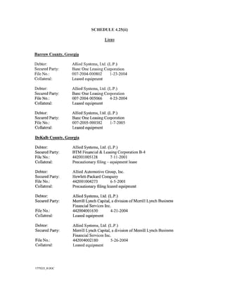 SCHEDULE 4.25(ii)




Barrow County, Georgia

Debtor:           Allied Systems, Ltd. (L.P.)
Secured Party:    Bane One Leasing Corporation
File No.:         007-2004-000802       1-23-2004
Collateral:       Leased equipment

Debtor:           Allied Systems, Ltd. (L.P.)
Secured Party:    Bane One Leasing Corporation
File No.:         007-2004-005066       4-23-2004
Collateral:       Leased equipment

Debtor:           Allied Systems, Ltd. (L.P.)
Secured Party:    Bane One Leasing Corporation
File No.:         007-2005-000382       1-7-2005
Collateral:       Leased equipment

DeKalb County, Georgia

Debtor:           Allied Systems, Ltd. (L.P.)
Secured Party:    BTM Financial & Leasing Corporation B-4
File No.:         442001005128          7-11-2001
Collateral:       Precautionary filing- equipment lease

Debtor:           Allied Automotive Group, Inc.
Secured Party:    Hewlett-Packard Company
File No.:         442001004273           6-5-2001
Collateral:       Precautionary filing leased equipment

Debtor:           Allied Systems, Ltd. (L.P.)
Secured Party:    Merrill Lynch Capital, a division ofMerrill Lynch Business
                  Financial Services Inc.
File No.:         442004001630           4-21-2004
Collateral:       Leased equipment

Debtor:           Allied Systems, Ltd. (L.P.)
Secured Party:    Merrill Lynch Capital, a division ofMerrill Lynch Business
                  Financial Services Inc.
File No.:         442004002180           5-26-2004
Collateral:       Leased equipment




1775223_8DOC
 