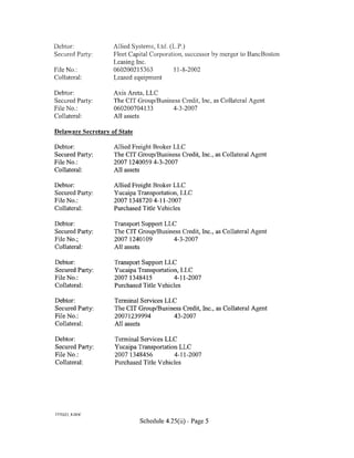 Debtor:             Allied Systems, Ltd. (L.P.)
Secured Party:      Fleet Capital Corporation, successor by merger to BancBoston
                    Leasing Inc.
File No.:           060200215363           11-8-2002
Collateral:         Leased equipment

Debtor:             Axis 1reta, LLC
Secured Party:      The CIT Group/Business Credit, Inc, as Collateral Agent
File No.:           060200704133       4-3-2007
Collateral:         All assets

Delaware Secretary of State

Debtor:             Allied Freight Broker LLC
Secured Party:      The CIT Group/Business Credit, Inc., as Collateral Agent
File No.:           2007 1240059 4-3-2007
Collateral:         All assets

Debtor:             Allied Freight Broker LLC
Secured Party:      Yucaipa Transportation, LLC
File No.:           2007 1348720 4-11-2007
Collateral:         Purchased Title Vehicles

Debtor:             Transport Support LLC
Secured Party:      The CIT Group/Business Credit, Inc., as Collateral Agent
File No.;           2007 12401 09       4-3-2007
Collateral:         All assets

Debtor:             Transport Support LLC
Secured Party:      Yucaipa Transportation, LLC
File No.:           2007 1348415          4-11-2007
Collateral:         Purchased Title V chicles

Debtor:             Terminal Services LLC
Secured Party:      The CIT Group/Business Credit, Inc., as Collateral Agent
File No.:           20071239994         43-2007
Collateral:         All assets

Debtor:             Terminal Services LLC
Secured Party:      Yucaipa Transportation LLC
File No.:           2007 1348456         4-11-2007
Collateral:         Purchased Title Vehicles




177522J8.DOC

                              Schedule 4.25(ii)- Page 5
 