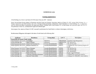 SCHEDULE 6.1(i)


                                                                    Existing Indebtedness

Allied Holdings, Inc. Series A and Series B 8 5/8% Senior Notes due 2007- Indenture

Senior Secured-Super-Priority Debtor In Possession And Exit Credit and Guaranty Agreement, dated as of March 30, 2007, among Allied Holdings, Inc., a
Georgia corporation, and Allied Systems, Ltd. (L.P.), a Georgia limited partnership, as Borrowers, certain Subsidiaries of Allied Holdings, Inc., as guarantors,
each as a debtor and debtor in possession, the lenders party thereto, Goldman Sachs Credit Partners L.P., as lead arranger and syndication agent, and The CIT
Group/Business Credit, Inc., as administrative agent and collateral agent

Intercompany Note, dated as of March 30, 2007, executed by and between the Credit Parties to evidence intercompany indebtedness


Reimbursement Obligations with respect to the letters of credit listed on the following chart:




                                                                                                                                                         ~
       Applicant          I           Beneficiary                              Issuing Bank             LOC#                          Description
Issuedfrom GE Senior Credit Facility
Allied Systems, Ltd. (L.P.) ScotiaBank                                  Wachovia                     SM216052W        Canadian Cash Management
Allied Holdings, Inc.       State of Florida                            Wachovia                     SM220127W        WC Self-Ins FL
Allied Systems, Ltd. (L.P.) Greenwich Insurance Co.                     Svenska Handelsbanken        S0608l           WC Self-Ins MO                               I
Allied Systems, Ltd. (L.P.) Reliance Insurance Co.                      Svenska Handelsbanken        805337           Collateral for Auto Liability program 89     I
                                                                                                                      to 96                                        i
Allied Systems, Ltd. (L.P.)      State of Georgia                       Svenska Handelsbanken        S05363           WC Self-Ins GA
Allied Systems, Ltd. (L.P.)      State of Ohio                          Svenska Handelsbanken        S05336           WC Self-Ins OH                               l
Allied Systems, Ltd. (L.P.)      State of Kentucky                      Svenska Handelsbanken        S06105           WC Self-Ins KY
Allied Holdings, Inc.            Ryder System, Inc.                     Svenska Handelsbanken        S06120           Ryder Legal Settlement
Allied Holdings, Inc.            American Alternative Insurance         Svenska Handelsbanken        805362           Collateral for excess auto liability         I
                                                                                                                                                                   I
Allied Holdings, Inc.            National Union (AIG)                   Svenska Handelsbanken        806039           Collateral for 2006/2007 Auto Liability      I




1775223_8.DOC
 