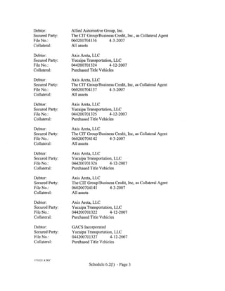 Debtor:          Allied Automotive Group, Inc.
Secured Party:   The CIT Group/Business Credit, Inc., as Collateral Agent
File No.:        060200704136        4-3-2007
Collateral:      All assets

Debtor:          Axis Areta, LLC
Secured Party:   Yucaipa Transportation, LLC
File No.:        044200701324         4-12-2007
Collateral:      Purchased Title Vehicles

Debtor:          Axis Areta, LLC
Secured Party:   The CIT Group/Business Credit, Inc, as Collateral Agent
File No.:        060200704137       4-3-2007
Collateral:      All assets

Debtor:          Axis Areta, LLC
Secured Party:   Yucaipa Transportation, LLC
File No.:        044200701325         4-12-2007
Collateral:      Purchased Title Vehicles

Debtor:          Axis Areta, LLC
Secured Party:   The CIT Group/Business Credit, Inc, as Collateral Agent
File No.:        060200704142       4-3-2007
Collateral:      All assets

Debtor:          Axis Areta, LLC
Secured Party:   Yucaipa Transportation, LLC
File No.:        044200701326         4-12-2007
Collateral:      Purchased Title Vehicles

Debtor:          Axis Areta, LLC
Secured Party:   The CIT Group/Business Credit, Inc, as Collateral Agent
File No.:        060200704141       4-3-2007
Collateral:      All assets

Debtor:          Axis Areta, LLC
Secured Party:   Yucaipa Transportation, LLC
File No.:        044200701322         4-12-2007
Collateral:      Purchased Title Vehicles

Debtor:          GACS Incorporated
Secured Party:   Yucaipa Transportation, LLC
File No.:        044200701327         4-12-2007
Collateral:      Purchased Title Vehicles



1775223 8.DOC
                           Schedule 6.2(1) - Page 3
 