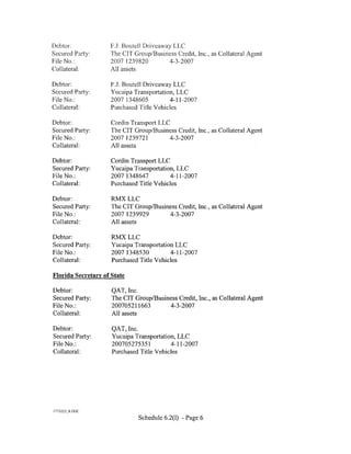 Debtor:             F.J. Boutell Driveaway LLC
Secured Party:      The CIT Group/Business Credit, Inc., as Collateral Agent
File No.:           2007 1239820         4-3-2007
Collateral:         All assets

Debtor:              F.J. Boutcil Driveaway LLC
Secured Party:       Yucaipa Transportation, LLC
FileNo.:             2007 1348605         4-11-2007
Collateral:          Purchased Title Vehicles

Debtor:              Cordin Transport LLC
Secured Party:       The CIT Group/Business Credit, Inc., as Collateral Agent
File No.:            2007 1239721         4-3-2007
Collateral:          All assets

Debtor:              Cordin Transport LLC
Secured Party:       Yucaipa Transportation, LLC
File No.:            2007 1348647         4-11-2007
Collateral:          Purchased Title Vehicles

Debtor:              RMXLLC
Secured Party:       The CIT Group/Business Credit, Inc., as Collateral Agent
File No.:            2007 1239929       4-3-2007
Collateral:          All assets

Debtor:              RMXLLC
Secured Party:       Yucaipa Transportation LLC
File No.:            2007 1348530         4-11-2007
Collateral:          Purchased Title Vehicles

Florida Secretary of State

Debtor:              QAT, Inc.
Secured Party:       The CIT Group/Business Credit, Inc., as Collateral Agent
File No.:            200705211663       4-3-2007
Collateral:          All assets

Debtor:              QAT, Inc.
Secured Party:       Yucaipa Transportation, LLC
File No.:            200705275351         4-11-2007
Collateral:          Purchased Title Vehicles




I 775223 _ 8.DOC

                               Schedule 6.2(1) - Page 6
 