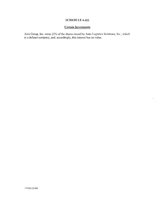 SCHEDULE 6.6(i)

                                 Certain Investments

Axis Group, Inc. owns 25% of the shares issued by Auto Logistics Solutions, Inc., which
is a defunct company, and, accordingly, this interest has no value.




1775223_8.DOC
 