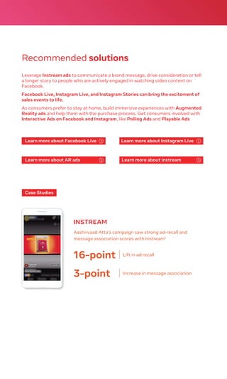 Recommended solutions
Leverage Instream ads to communicate a brand message, drive consideration or tell
a longer story to people who are actively engaged in watching video content on
Facebook.
Facebook Live, Instagram Live, and Instagram Stories can bring the excitement of
sales events to life.
As consumers prefer to stay at home, build immersive experiences with Augmented
Reality ads and help them with the purchase process. Get consumers involved with
Interactive Ads on Facebook and Instagram, like Polling Ads and Playable Ads
16-point
Aashirvaad Atta’s campaign saw strong ad-recall and
message association scores with Instream1
Lift in ad recall
3-point Increase in message association
Case Studies
INSTREAM
Learn more about Facebook Live
Learn more about AR ads
Learn more about Instagram Live
Learn more about Instream
 