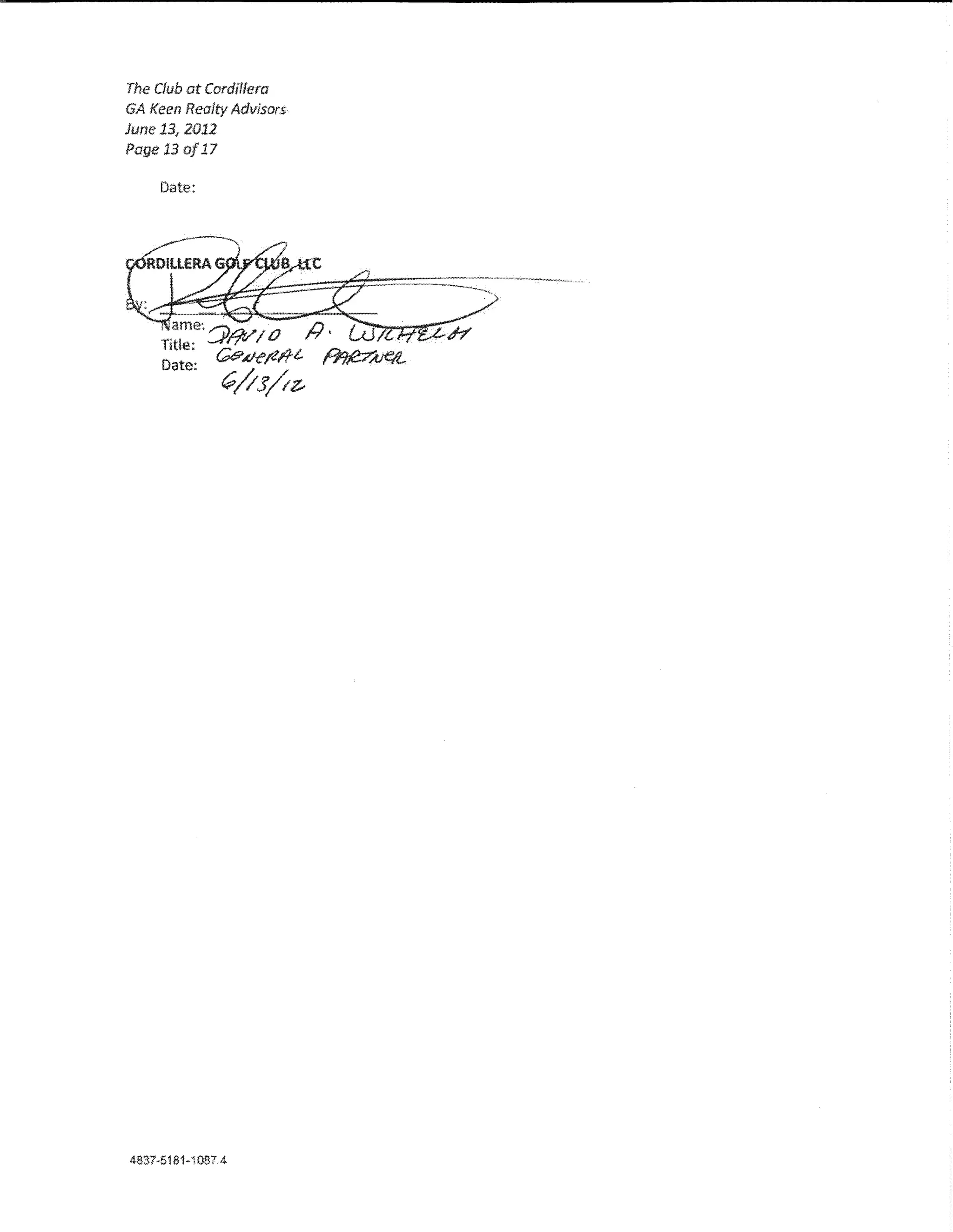 The Club at Cordiflera
GA Keen Realty Advisors
June 13, 2012
Page 13 of 17

     Date:
 