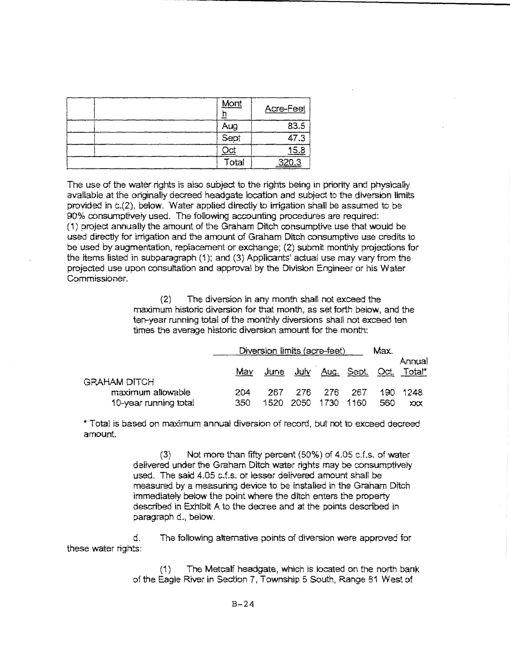 r   Mon+    I

       I                               lh!             Acre-Feet

                                       I Aug I              83.5/
                                       ! Sept I             47.3 l
       ~                               1 Oct       !        15.8 1
I                                      l Total     l      320.3 ii

The use of the water rights is a~so subject to the rights beI'Jg in priority and physically
available at the originaHy de"'vreed headgate location al'ld subject to the diversion iimv..s
provided in c.(2), below. Water applied directly to tnigation shall be assumed to be
90% consumptive~ used. The foliowing accounting procedures are required:
(1) project annuany the amount of t'1e Graham Ditch consumptive use that would be
used directly for irrigation and the amount of Graham Ditch consumpnve use credits to
be used by augmentation, replacement or exchange; (2) submit monthly projections for
the items listed in subparagraph (1 ); and (3) Applicants' actual use may vary from the
projected use upon consultation and approval by the Division Engineer or hls Water
Commissioner.

                        (2)   The diversion in any month shall not exceed the
                 maximum historic diversion for that month, as set forth below, and the
                 ten-year running total of the monthJy dwecrsions shall not exceed ten
                 times the average historic diversion amount for the month:

                                              Diversion limits (acre-feet}        Max..
                                                                                          Annual
                                             Ma:t      June   July   Aug.    Seol Oct. Tot:at*
    GRAHAM DITCH
        maximum allowable                    204        267 276 276 267             190   ~t248
        10-year running tota!                350       1520 2050 1730 1160         560      ):'XX



    *Total is based on maXimum annual diversion of record, but not to exceed decreed
    amount

                        (3)    Not more than frfty percent (50%) of 4.05 c.f.s. of-water
                 delivered under the Graham Ditch water rights may be consumptively
                 used. The said 4.05 c.f.s. or lesser deHvered amount shall be
                 measured by a measuring device to be instalted in the Graham Ditch
                 immedtatef)t below the point where t'"le ditch enters the property
                 described in Exhibit A to the decree and at the points described in
                 paragraph d., below.

                d.      The foUowing attemative points of diversion were approved for
these water rights:

                        (1 )  The Metcalf headgate, which is located on the north bank
                 of the Eagle Rivetin Section 7, Township 5 South, Range 81 West of

                                            B-24
 