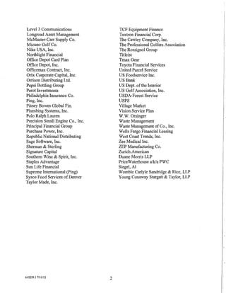 Level 3 Communications                 TCF Equipment Finance
Longroad Asset Management              Textron Financial Corp.
McMaster-Carr Supply Co.               The Cawley Company, Inc.
Mizuno Golf Co.                        The Professional Golfers Association
Nike USA, Inc.                         The Rossignol Group
Northlight Financial                   Titleist
Office Depot Card Plan                 Tmax Gear
Office Depot, Inc.                     Toyota Financial Services
Officemax Contract, Inc.               United Parcel Service
Orix Corporate Capital, Inc.           US Foodservice Inc.
Orrison Distributing Ltd.              US Bank
Pepsi Bottling Group                   US Dept. ofthe Interior
Perot Investments                      US Golf Association, Inc.
Philadelphia Insurance Co.             USDA-Forest Service
Ping, Inc.                             USPS
Pitney Bowes Global Fin.               Village Market
Plumbing Systems, Inc.                 Vision Service Plan
Polo Ralph Lauren                      W.W. Grainger
Precision Small Engine Co., Inc.       Waste Management
Principal Financial Group              Waste Management of Co., Inc.
Purchase Power, Inc.                   Wells Fargo Financial Leasing
Republic National Distributing         West Coast Trends, Inc.
Sage Software, Inc.                    Zee Medical Inc.
Sherman & Sterling                     ZEP Manufacturing Co.
Signature Capital                      Zurich American
Southern Wine & Spirit, Inc.           Duane Morris LLP
Staples Advantage                      PriceWaterhouse a/k/a PWC
Sun Life Financial                     Siegel, AI
Supreme International (Ping)           Womble Carlyle Sandridge & Rice, LLP
Sysco Food Services of Denver          Young Conaway Stargatt & Taylor, LLP
Taylor Made, Inc.




615239.1 7/11112                   2
 