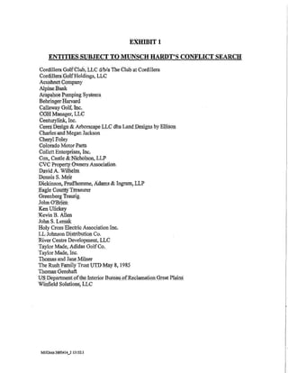 EXHIBIT I

     ENTITIESSUBJECT TO MUNSCH HARDT'S CONFLICT SEARCH
Cordillera GolfCiub, LLC d/b/a The Club at Cordillera
Cordillera:O:olfHoldings, LLC
AcushrietCompany
Alpine Bank
AH!pa,l).oe Pumping Systems
BehringerHanrard
Callaway Golf, Inc.
CGHManager, LLC
Centurylink, Inc.
Ceres.])(l~ign& Arborscape LLC dba Land.Designs by El!iSori
Charfes llhd.Megan Jackson
GheryI Foley
Colorado Motor Pattl>
Collett Enterprises, Inc,
Cox, Castle&::Wi¢holson, LLP
CVC Property 0wners Association
D.avid A. Wilhelm
Dennis S, Meir
Pickinson,.I'!'llii'homme, Adams& Ingram,.L.LP
Eitgle ComitY Treasurer
Greenberg Traurig
Johri O'Bri¢:ti.
Ken Ulickey
Kevin B. Allen
Johri S. Lern:ak
Holy Cross Electric Association Inc.
LL Johnson Distribution Co.
River Centre Development, LLC
Taylor Made, Adidas Golf Co.
Taylor Made, Inc.
Thomas.and Jane Milner
The Rush Family Trust UTD Ml!Y 8, 198~
Thomas·Genshaft
US Departmentof (he Interior Burea11 of Reclamation. Great Plai~
Winfield Solutions; .LLC




 MHDocs:895414_213152.1
 